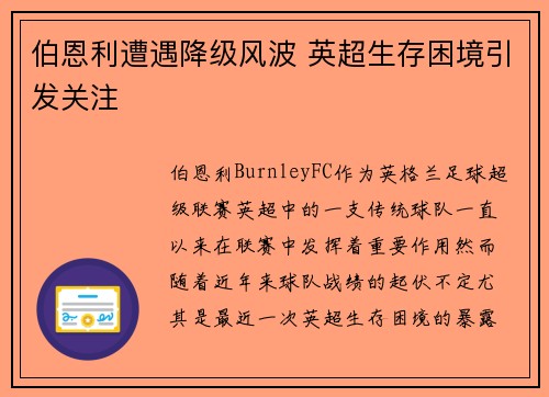 伯恩利遭遇降级风波 英超生存困境引发关注 伯恩利遭遇降级风波 英超生存困境引发关注
