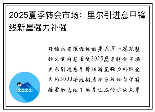 2025夏季转会市场：里尔引进意甲锋线新星强力补强